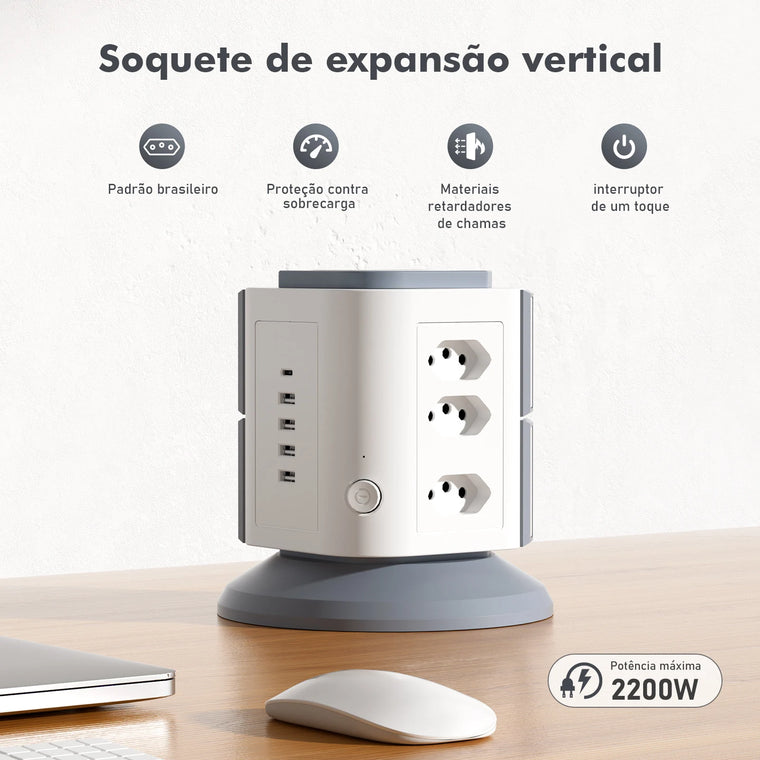 Extensão Vertical com 9 Tomadas + 4 USB + USB-C